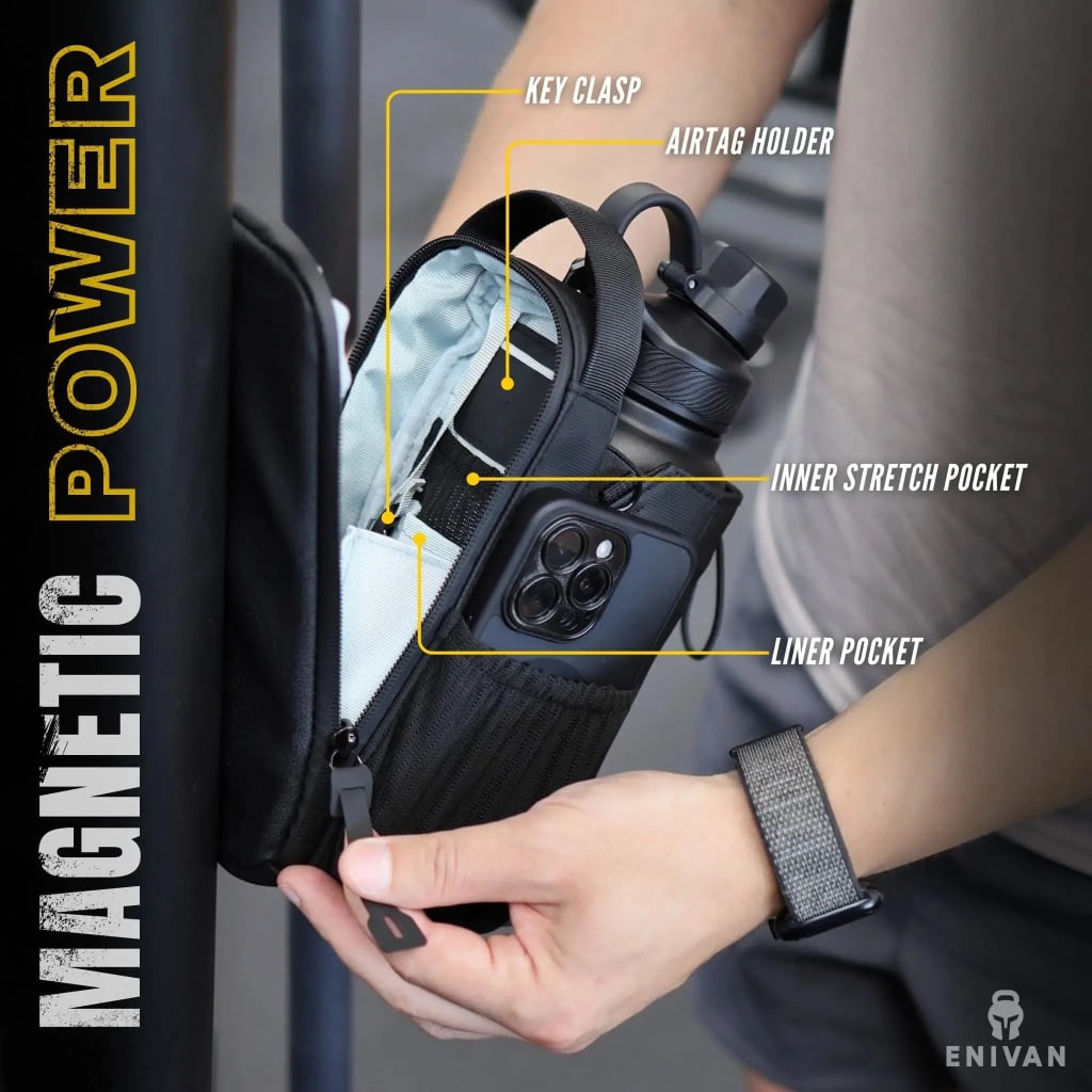 Enivan Black Magnetic Gym Bag with Bottle Holder - Water-Repellent & Ultra-Lightweight