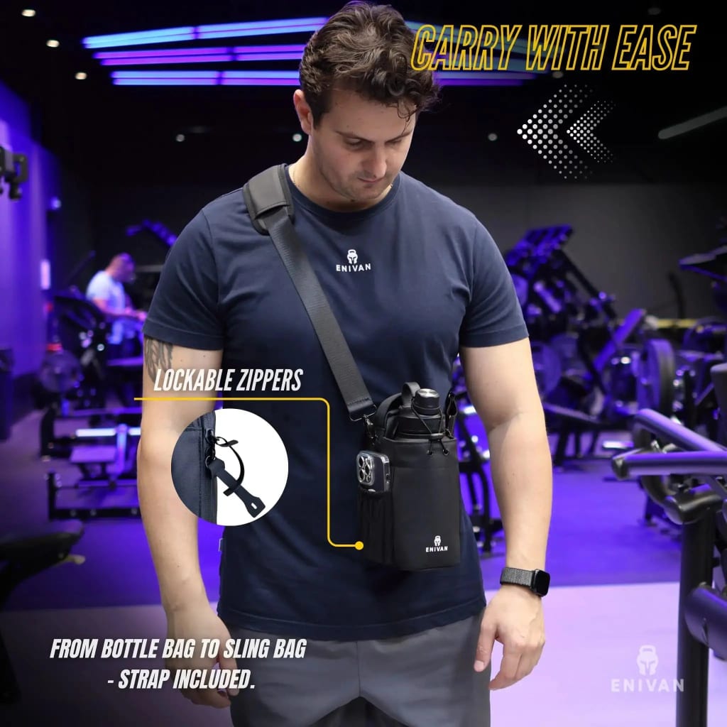 Enivan Black Magnetic Gym Bag with Bottle Holder - Water-Repellent & Ultra-Lightweight
