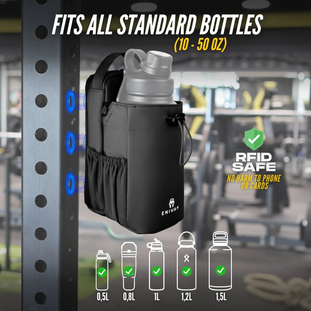 Enivan Black Magnetic Gym Bag with Bottle Holder - Water-Repellent & Ultra-Lightweight